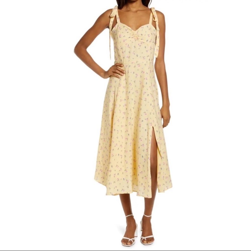Bardot Summer Maxi dress with sexy side slit Yellow floral print XL